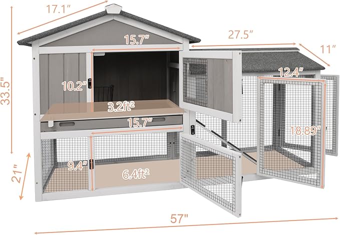 Gowoodhut Rabbit Hutch Indoor Outdoor Bunny Cage with Pull Out Tray,2 Story Wooden Rabbit Cage with Weatherproof Asphalt Roof,Guinea Pig Cage with Ventilation Doors,Ramp for Small Animals 114" L Grey
