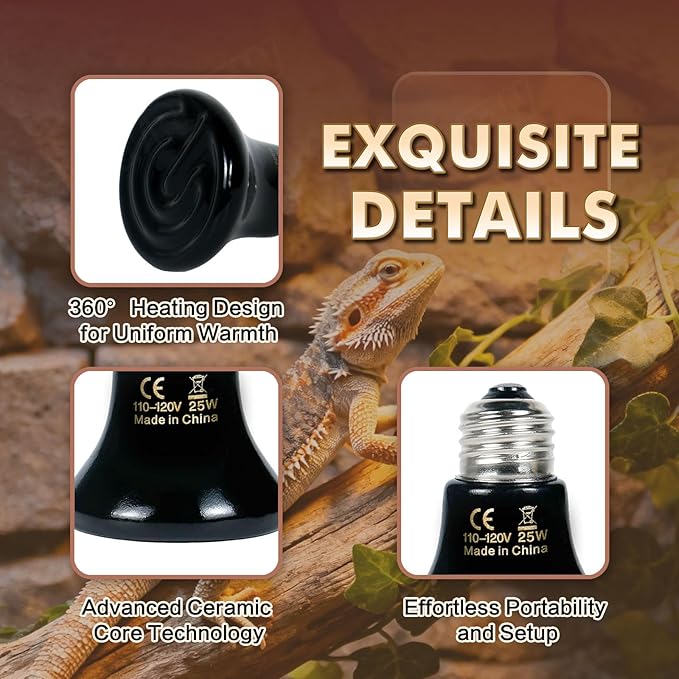 2-Pack Ceramic Heat Emitter Lamp 0.2inch(60mm)?€? 25W, Non-Light Emitting, 24/7 Safe Heat for Reptiles & Small Pets, E26
