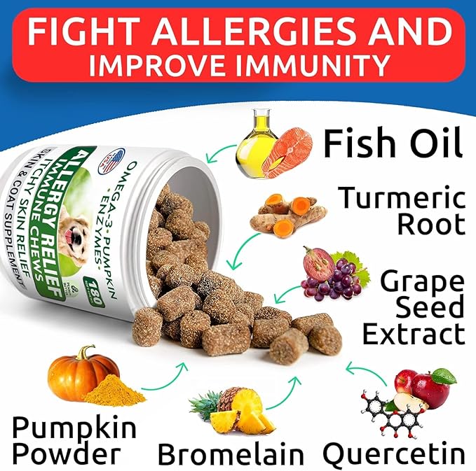 BARK&SPARK Dog Allergy Relief Soft Chews for Skin Health & Seasonal Allergies - Anti-Itch Supplement w/Omega-3, Quercetin & Bromelain Immune Treats for Dry Skin & Hot Spots - Peanut Butter - 180ct