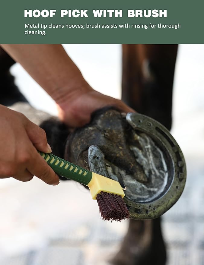 Horse Grooming Kit, 11-Piece Complete Grooming Supplies Set with Curry Comb, Brushes & Hoof Pick for Daily Care, Stable & Show Use Pasture Glow