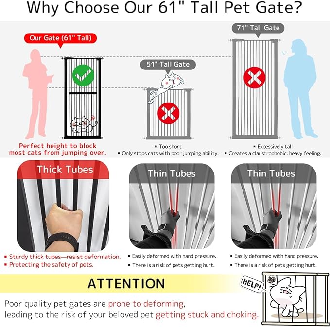 Lumizone Extra Tall Cat Gate 61.02" High Pressure Mounted Extra Wide 30.12"-38.38" (17Sizes) 1.37" Gap No Drilling Auto-Close Tall Pet Gate for Dogs (Black, 30.12"-38.38" W)