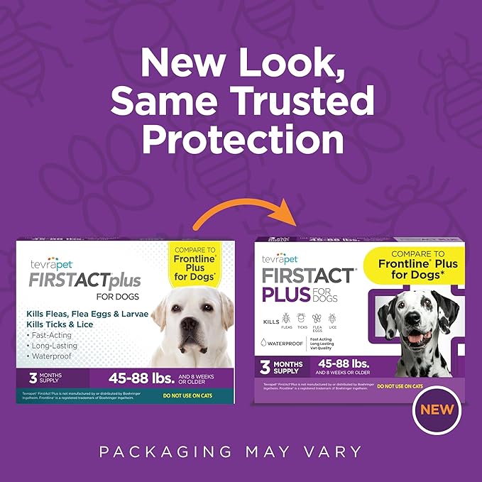 TevraPet FirstAct Plus Flea and Tick Topical for Dogs 45-88 Pounds, 3 Applicators