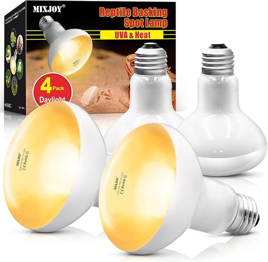 MIXJOY 4Pack Reptile Heat Lamp Bulbs, 100W Heat Lamp Bulbs for Reptiles Basking Bulbs UVA Daylight Basking Light Amphibians Heating Lamp Emitter for Lizard, Tortoise, Bearded Dragon Gecko