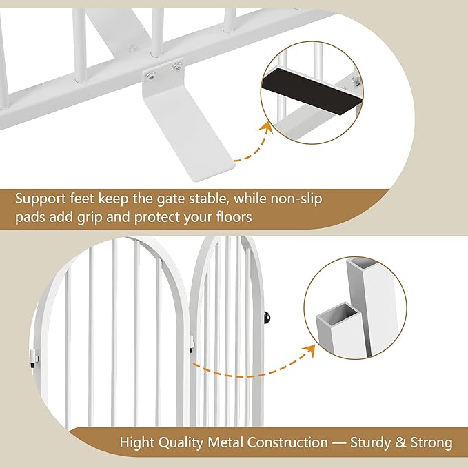 PUPETPO Full Metal Dog Gate for Indoor Outdoor, 32" Tall Free Standing Pet Dog Fence, 54" Wide Arched Pet Gates for Stairs, Hallways, Doorways, Kitchen, Decks, Yards (White, 3 Panels)