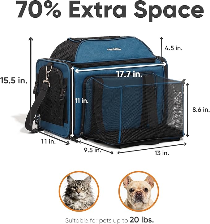 FUKUMARU Cat Carrier with Wheels, 18x11x11 Expandable Soft Cat Travel Carrier, Airline Approved Dog Carrier, Sturdy Rolling Cat Carrier with Anti-Scratch Mesh, Escape-Proof Pet Carrier for Cat, Blue