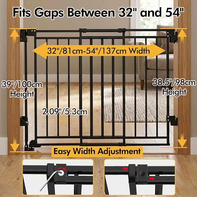 Baby Gate for Stairs Doorways & Kitchen, Extra Wide 32"-54" W x39 H Extra Tall, No Bottom Bar Dog Gate, One-Handed Auto-Close, Hardware Mount Safety Gate for Dogs & Toddlers, Black