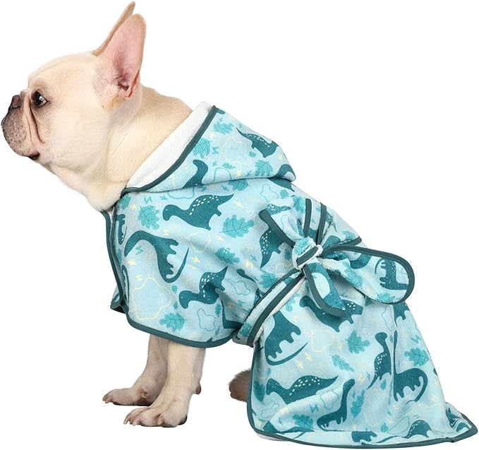 HDE Dog Bathrobe Super Absorbent Quick Drying Puppy Towel Wrap Coat Adjustable After Bath Robes with Hood for Dog Sizes S-XXL Dinosaurs S