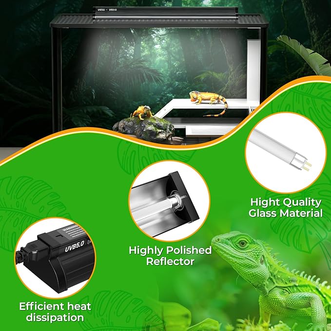 Lustaled 22inch 24W T5 UVB Reptile Light Combo Kit for Tropical & Desert Reptiles, Switchable UVB 5.0, UVB 10.0, Reptile Lamp Terrarium Hood UVB Light for Bearded Dragon, Lizards, Chameleon, Turtle