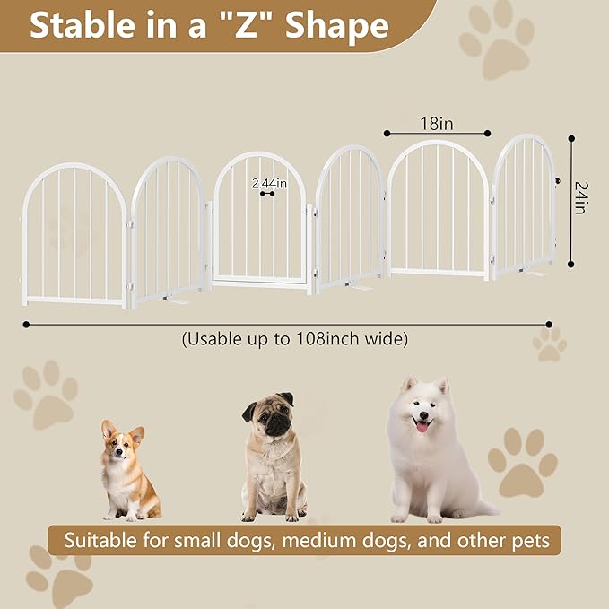 PUPETPO Full Metal Dog Gate with Door for Indoor Outdoor, 24" Tall Free Standing Pet Dog Fence, 108" Extra Wide Pet Gates for Stairs, Hallways, Doorways, Kitchen, Decks, Yards (White, 6 Panels)