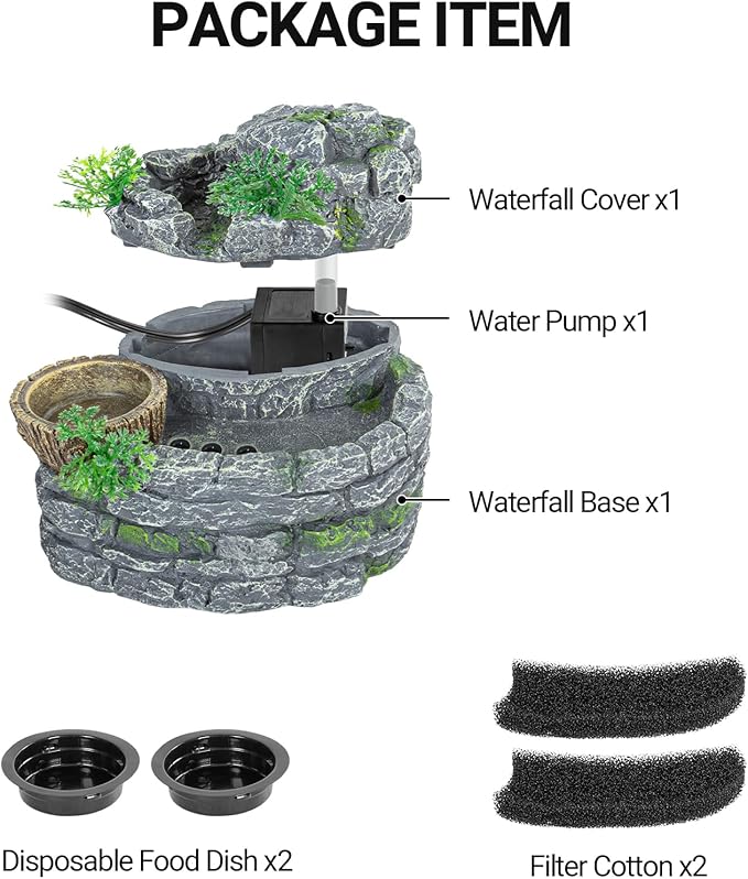 Reptile Water Fountain, Reptile Terrarium Waterfall Drinking Fountain with Food Dish for Bearded Dragon Lizard Leopard Crested Gecko Chameleon Frog