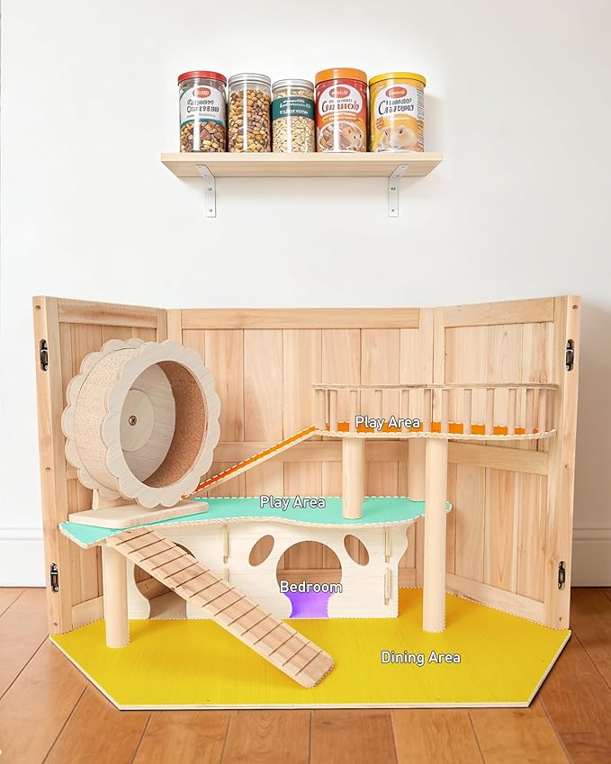 5 in 1 Wooden Hamster Cage|3 Tier Small Animal Cage with Silent Exercise Running Wheel|Large Syrian Hamster House with Openable Top&Acrylic Sheets|Chinchilla Guinea Pig Cages