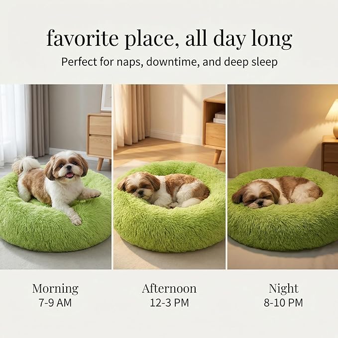 Calming Donut Dogs Beds for Small Dogs Washable,23inch Plush Round Pet Bed for Cozy Sleep,Fluffy Faux Fur Large Cat Bed,Fits up to 25 lbs Pets,Green