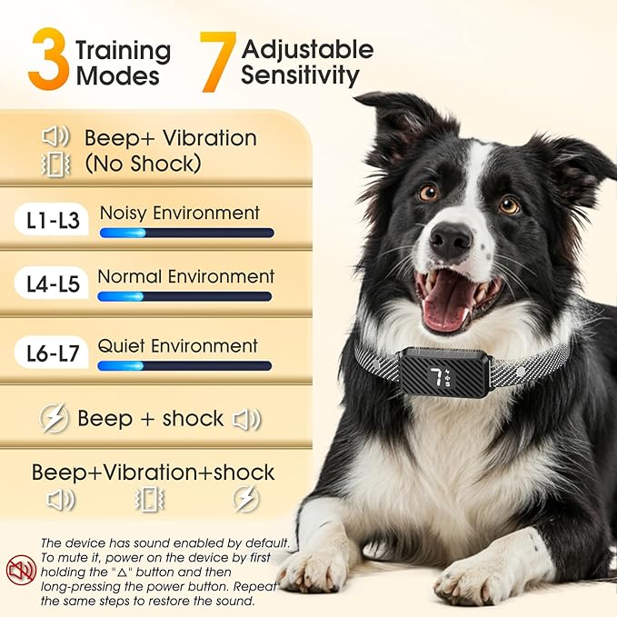 Dog Bark Collar for Large Medium Small Dogs, Effective No-Bark Collar, Smart Barking Collar, Rechargeable Bark Collar with 7 Sensitivity, 3 Modes, Waterproof, Black