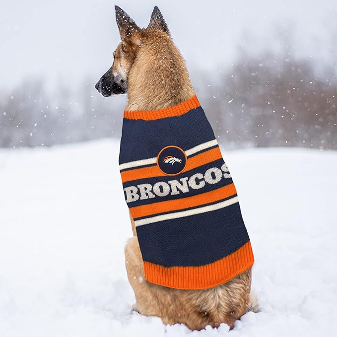 NFL Denver Broncos Dog Sweater, Size Small. Warm and Cozy Knit Pet Sweater with NFL Team Logo, Best Puppy Sweater for Large and Small Dogs