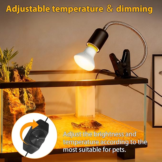 Reptile Heat Lamp with Clamp, UVA UVB Reptile Light with 360° Rotatable, Dimming and 2Pcs 50W Heat Bulb Simulated Sunlight Basking Light for Turtle Tortoise Lizard Snake Bearded Dragon
