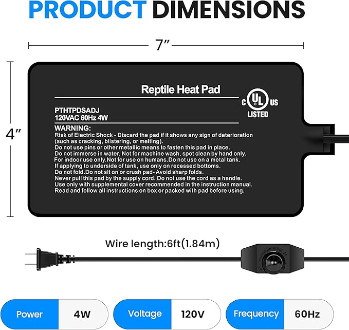 Simple Deluxe 4X7 Inch 4W Reptile Heating Pad with Temperature Adjustable Knob Under Tank Terrarium Heating Mat for Turtles, Lizards, Frogs, and Other Reptiles