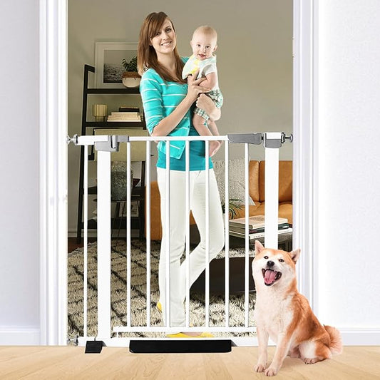 SHYUJAJIE 30 Inch Tall Cat & Dog Gate, Auto Close, Pressure Mounted, White, Alloy Steel, 29.92"-35.43" Wide, Baby & Pet Safety Gate