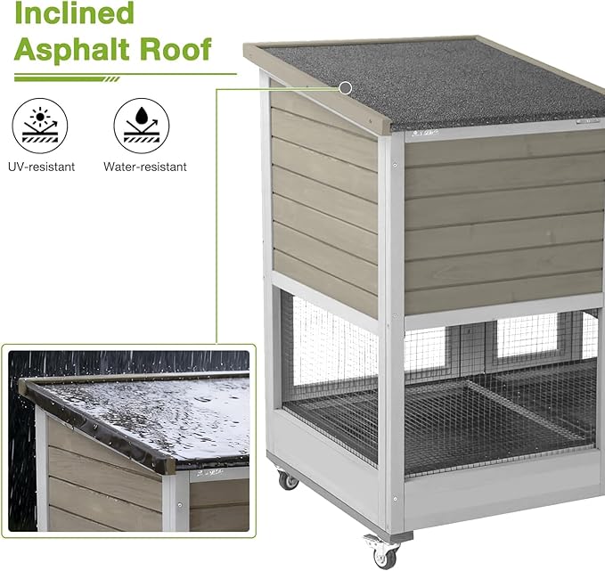 Guinea Pig Cages Indoor/Outdoor, Wooden Rabbit Hutch with Wheels, Large Rabbit House with 2-Story, Bunny Cage with Chew-Proof Ramp and Leap-Proof Trays, Waterproof Small Animals Habitat (Grey)