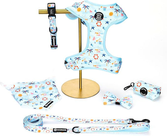 Dog Harness and Leash Collar Set with Dog Poop Bag Holder and Bandanas, Escape Proof Adjustable Puppy Cat Vest with Soft Mesh Padded, Pet Supplies for Small Medium Large Dogs Kitten(Blue Beach, XS)
