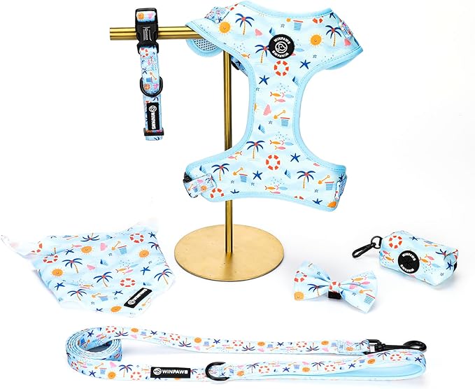 Dog Harness and Lead, Bow Tie Collar Set with Dog Poop Bag Holder and Bandanas, Escape Proof Adjustable Puppy Cat Vest with Soft Mesh Padded, Pet Supplies for Small Medium Dogs Kitten(Blue Beach, S)