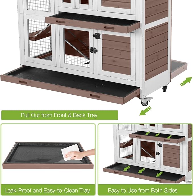 Gutinneen Two-Story Rabbit Hutch with Chew-Proof Ramp - 47" Indoor/Outdoor Rabbit Cage with Wheels & Leak-Resistant Trays for Rabbits, Guinea Pigs(Brown)