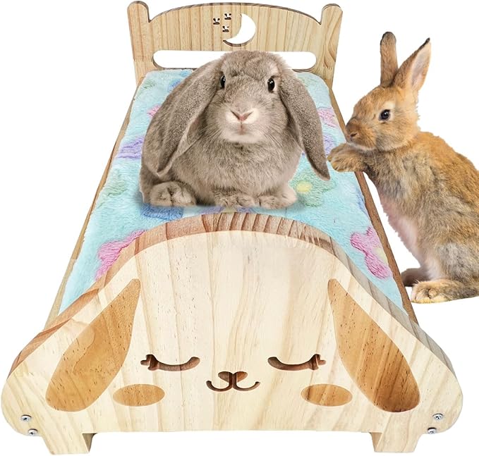 SoulThink® Floppy Ear Wooden Rabbit Bed - Easy to Assemble Rabbit Bed with Removable & Washable Fleece Mat, Small Animal Bed Suitable for Bunny, Guinea Pig, Chinchilla, Ferrets, Rats