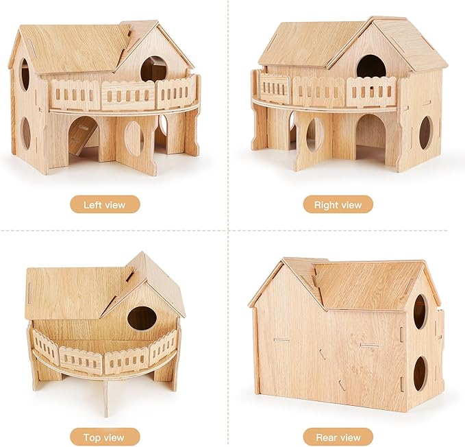 Wooden Hamster Cage, Hamster Habitat for Syrian, Dwarf Gerbils, Mice, Lemmings, Degus or Other Small Pets (13.3 x 11.1 x 10.6 inches)