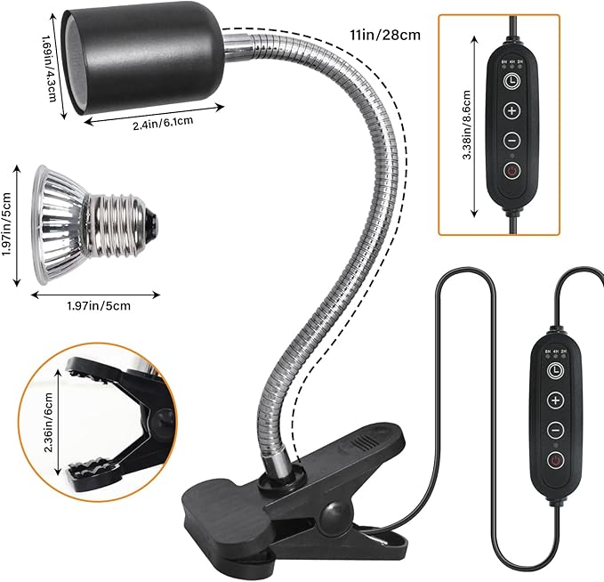 Reptile Heat Lamp with Clamp, Aquarium Turtle Tank Basking Light with 360° Rotatable, Timing, Dimming and 2 Pcs 50W UVA UVB Heat Light Bulb for Turtle, Lizard, Snake, Beared Dragon, Amphibians