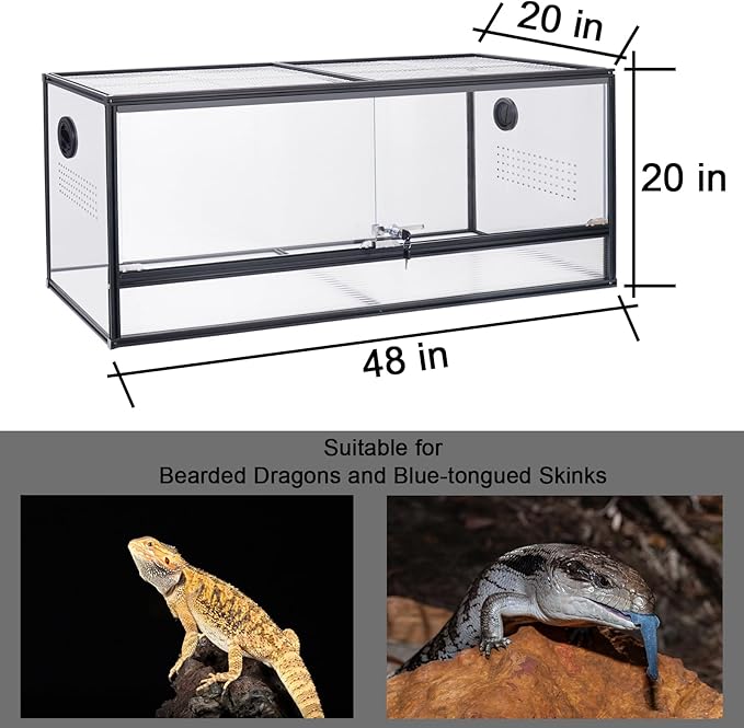48x20x20'' Bearded Dragon Tank, 83 Gallon Reptile Terrarium, Aluminum Frame Reptile Enclosure with Lockable Sliding Glass Doors, 270° View & 304 Mesh Top