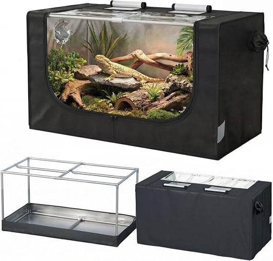 Large Reptile Enclosure Tent, 4 x 2 x 2 ft (48 x 24 x 24 Inch) Habitat with Insulated Cover & Stainless Steel Frame, Dual 4" Accessory Ports for Bearded Dragon, Lizards, Geckos & Chameleons
