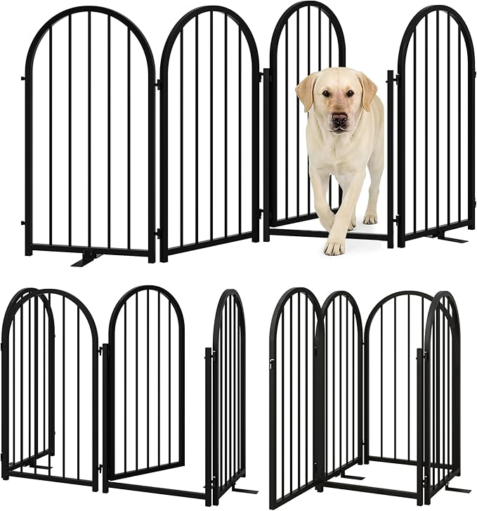 PUPETPO Full Metal Dog Gate with Door for Indoor Outdoor, 32" Tall Free Standing Pet Dog Fence, 72" Extra Wide Pet Gates for Stairs, Hallways, Doorways, Kitchen, Decks, Yards (Black, 4 Panels)