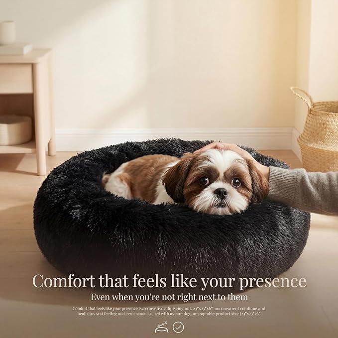 Calming Donut Dogs Beds for Small Dogs Washable,23inch Plush Round Pet Bed for Cozy Sleep,Fluffy Faux Fur Large Cat Bed,Fits up to 25 lbs Pets,Black