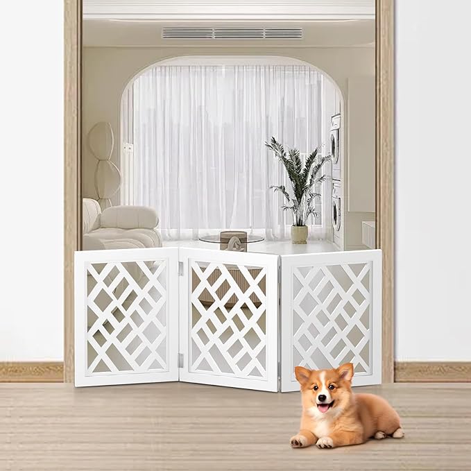 Cut-Out Design 16" Short Dog Gate for Small Dogs, Foldable Retractable Puppy Gate Indoor - Freestanding Lightweight Pet Barrier for Doorways, Stairs, Hallways (Extends to 35", White)