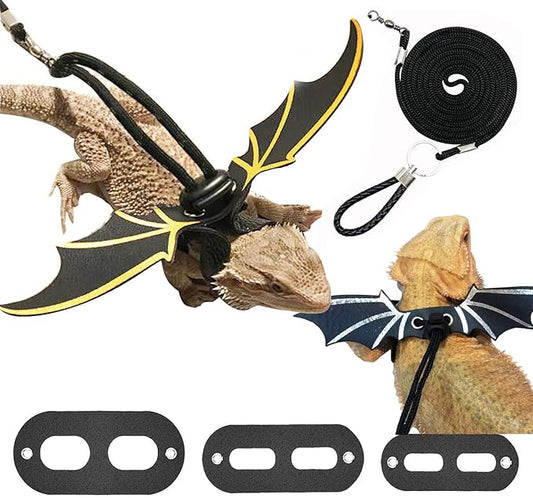 Bearded Dragon Leash and Harness Set, 3 Size Adjustable Lizard Harnesses with Silver Black Wing, Soft Reptile Leash for Small Animal Outdoor Walking