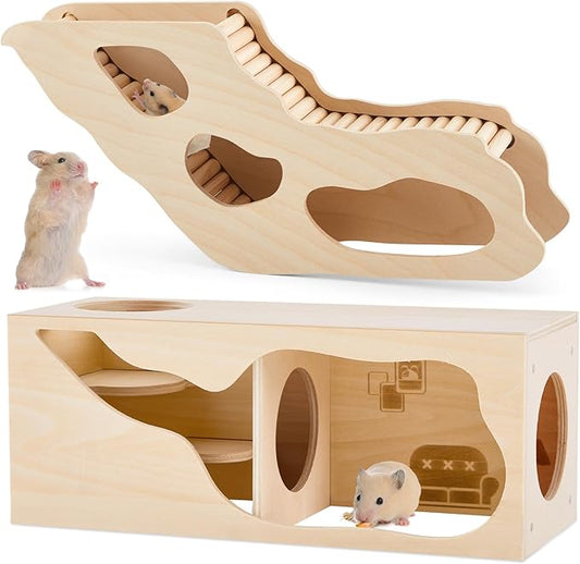 Seenelling 2 Pcs Hamster Hideout Set House and Tunnel, Exploring Tunnel with Climbing Ladder, Secret Observe Shed for Syrian Hamsters, Gerbils, Hedgehogs, Rats, Mice, Small Animals Pets Toys
