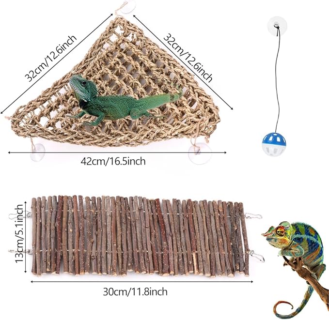 Large Bearded Dragon Tank Accessories, Natural Adjustable Reptile Climbing Toys Bendable Bridge, Reptile Habitat & Hermit Crabs Habitat Decor with Climbing Hammock Toys for Hermit Crab, Lizard, Snake