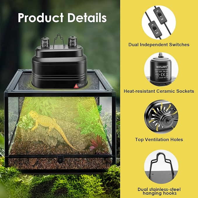 MIXJOY Dual Reptile Light Fixture, Max 160W Each Heat Lamp Fixture with Separate Switches, Fits Reptile Light/Heat Lamp/UVB Light for Lizards, Turtles, Snakes, and Amphibians