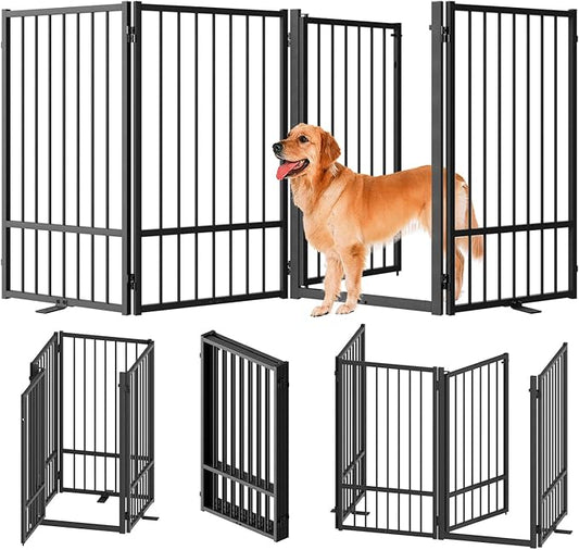SNUOWU Full Metal Freestanding Dog Gate with Door, 36''Height Foldable Pet Dog Fence for Indoor & Outdoor, 4 Panels Extra Wide Free Standing TallDog Gates for Doorways,House,Stairs,Porch,Deck,Yard