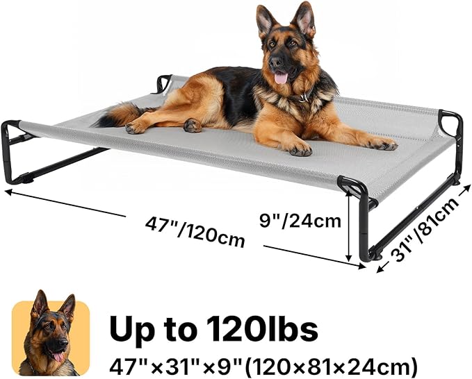 Veehoo Raised Dog Beds for Large Dogs, Washable Dog Cot with Headrest Sides, Outdoor Elevated Dog Bed with Non-Skid Feet, Breathable Mesh, Cooling Pet Hammock for Indoor or Camping, 49", Grey