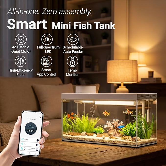 Smart Desktop Aquarium Kit with App Control - 1.3 Gal Glass Fish Tank with Automatic Feeder, RGB Lighting, & Temperature Monitor - Self-Cleaning Filtration System for Betta, Guppy