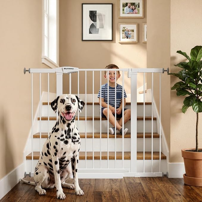 Mumeasy 29.7-48" Baby Gate for Stairs, Pressure Mounted Dog Gate for Doorways, Extra Wide Walk Thru Safety Pet Gate for Doors with Auto Close, Easy Install Child Gate for Hallway Indoor House, White