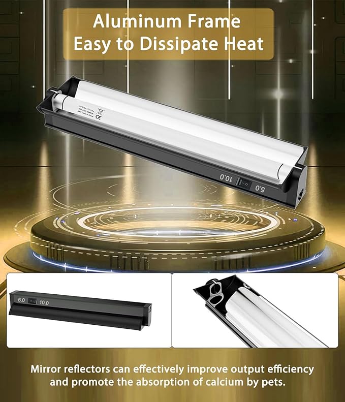 T5 HO UVB Reptile Light Fixture Combo Kit, Switchable 10.0 & 5.0 UVB Bulb, 8W Fluorescent Tube 12 Inch UVA/UVB Output Lamp for Rainforest Species and Desert Reptiles