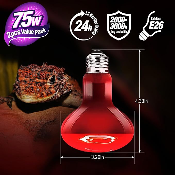 Leoterra 75W Red Infrared Night Heat Lamp Fits 20-40 Gallon Tank (2 Pack)- Thickened Glass 2000+ Hours Long Life for Bearded Dragon,Ball Pythons, Snake, Turtle, E26 110V