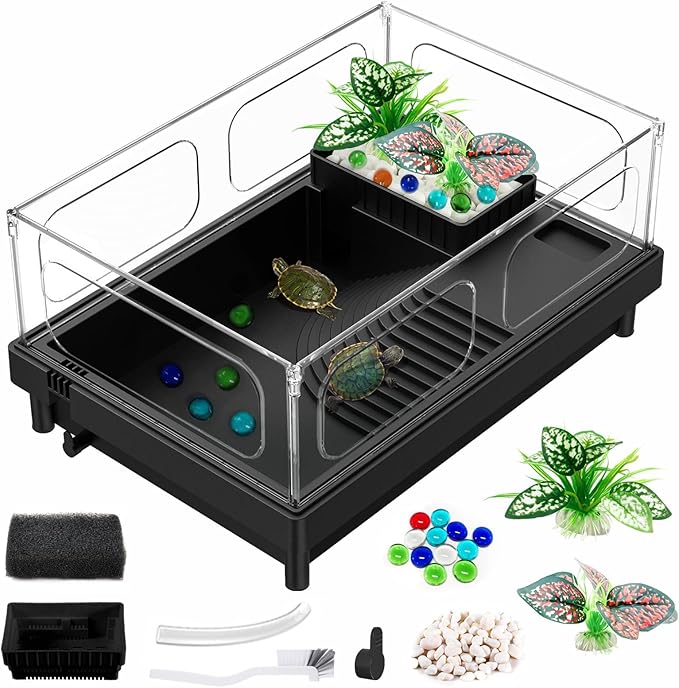 GOZILLA Small Turtle Tank Starter Kit, Acrylic Turtle Aquarium with Multi-Functional Areas for Turtles, Crabs, Crayfish, Small Reptiles. (Black Tank)