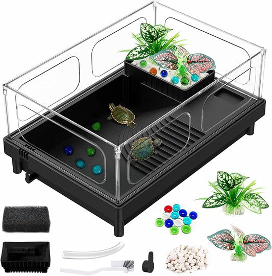 GOZILLA Small Turtle Tank Starter Kit, Acrylic Turtle Aquarium with Multi-Functional Areas for Turtles, Crabs, Crayfish, Small Reptiles. (Black Tank)