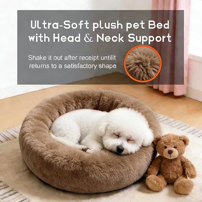Comfort Donut Dog Bed for Small Dogs, Cat Bed & Pet Bed for Indoor Use, Medium Size with Soft Plush, Round Dog Beds for Large Dogs and Cats (Light Brown, 20''Lx20''Wx8''Th)