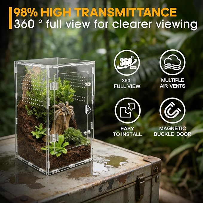Jumping Spider Enclosure, Insect Terrarium, Bug Cage, Acrylic Terrarium for Tarantula, Snail, Praying Mantis, Frog, and Small Reptiles (7.8" x 7.8" x 13.7")