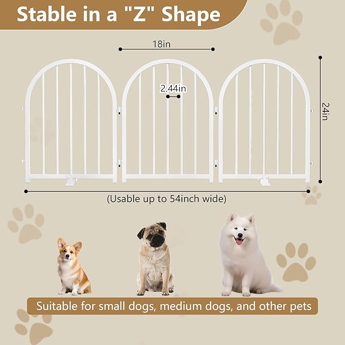 PUPETPO Full Metal Dog Gate for Indoor Outdoor, 24" Tall Free Standing Pet Dog Fence, 54" Wide Arched Pet Gates for Stairs, Hallways, Doorways, Kitchen, Decks, Yards (White, 3 Panels)