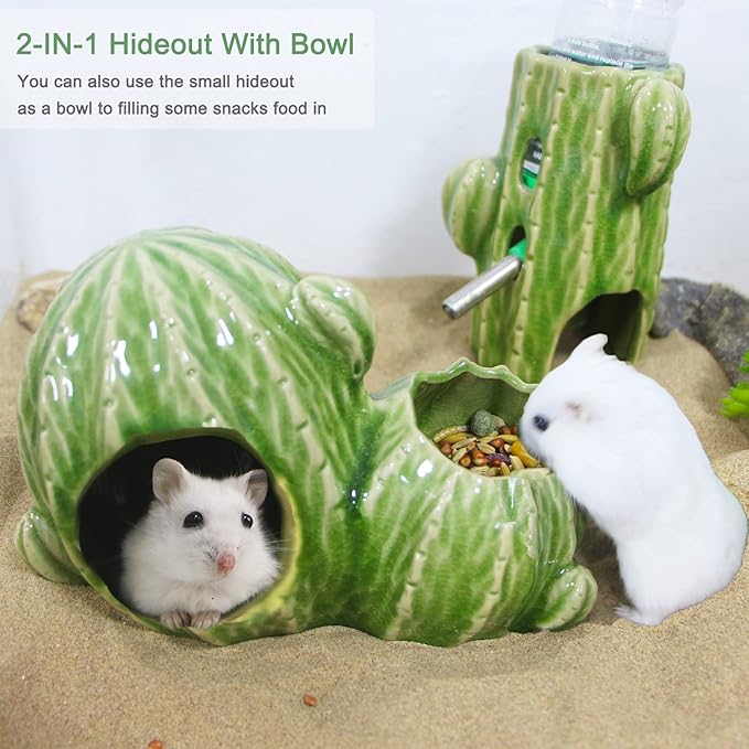 Ceramic Hamster Hideout, Dwarf Hamster House with Double Doors Syrian Hamster Hut Hideout Habitat Decor, Anti Bite Hideaway House Cave for Mice Gerbil (Large, Green)