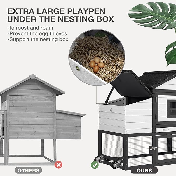 Wooden Chicken Coop with Run, Mobile Chicken House with Wheels, Outdoor Hen Poultry Cage with Leak-Proof Tray and Nesting Box, Lager Chicken Coops with UV-Resistant Roof for 2-3 Chickens (White)